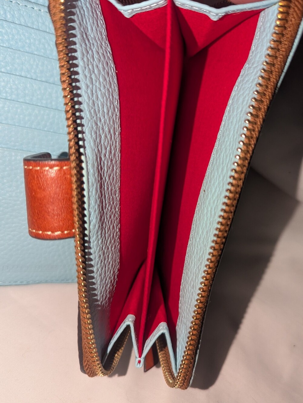 Dooney & Bourke Pale Blue Pebbled Leather Zip-Around Wallet with Brown Trim - Picture 9 of 10